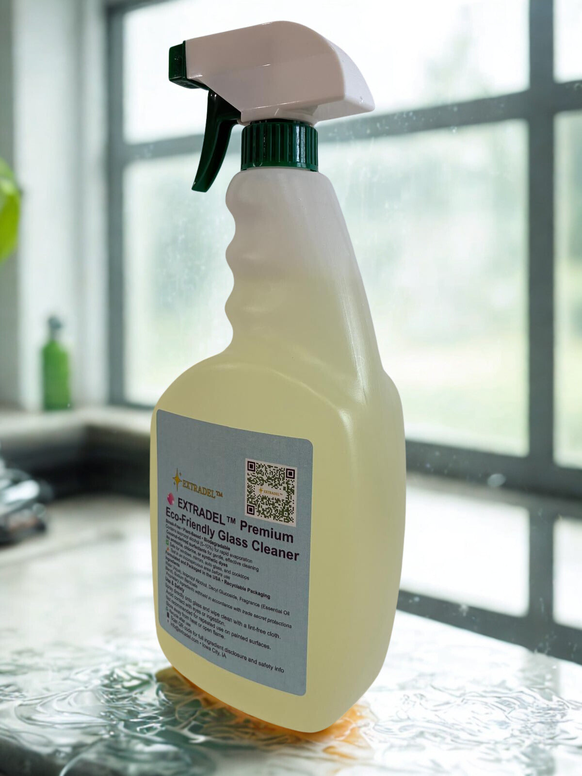 EXTRADEL™ Premium 32 fl oz Eco-Friendly Glass Cleaner, Plant-Based, Streak-Free, Light Naturally-Derived Scent, Biodegradable Spray