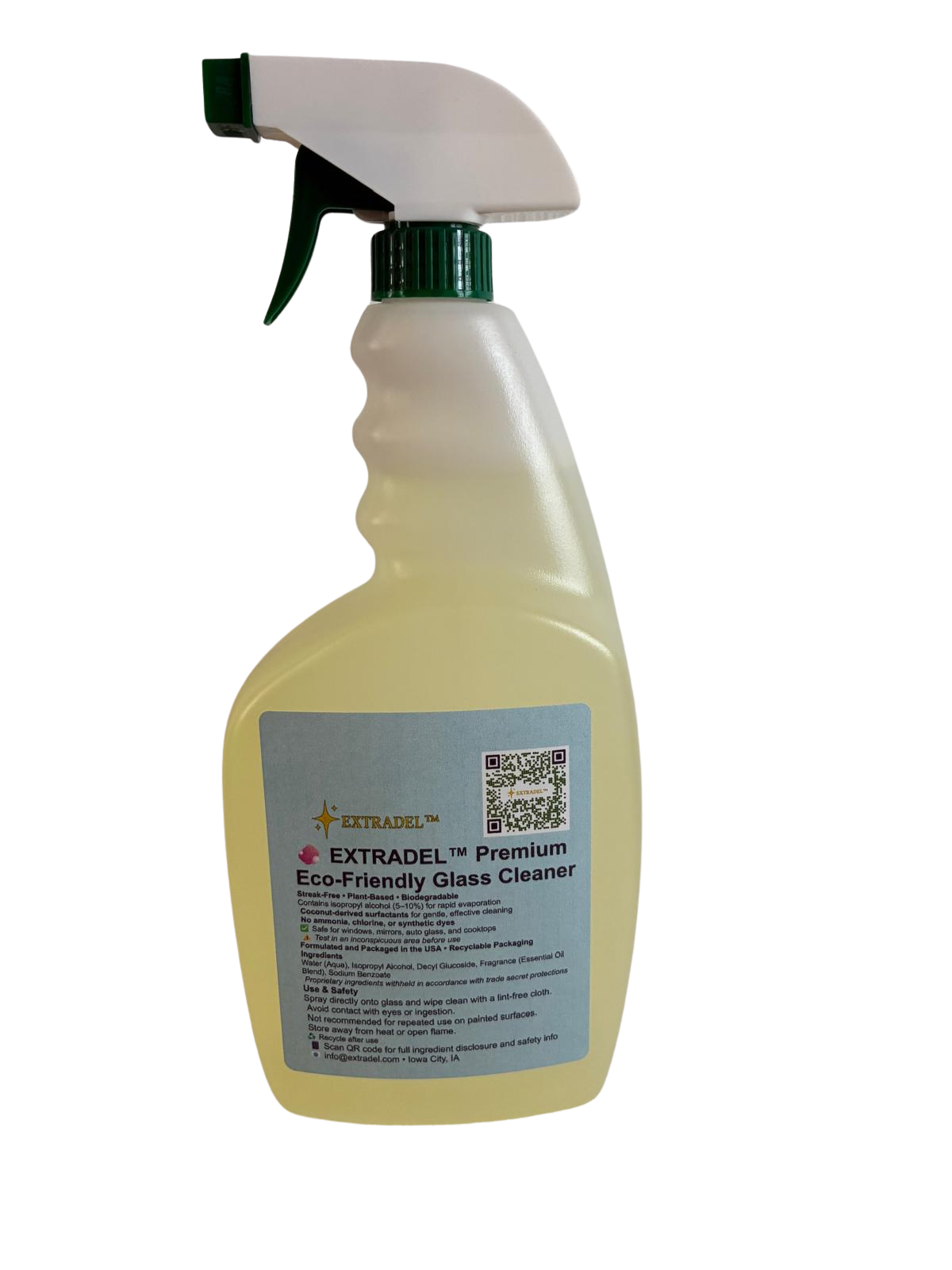 EXTRADEL™ Premium 32 fl oz Eco-Friendly Glass Cleaner, Plant-Based, Streak-Free, Light Naturally-Derived Scent, Biodegradable Spray